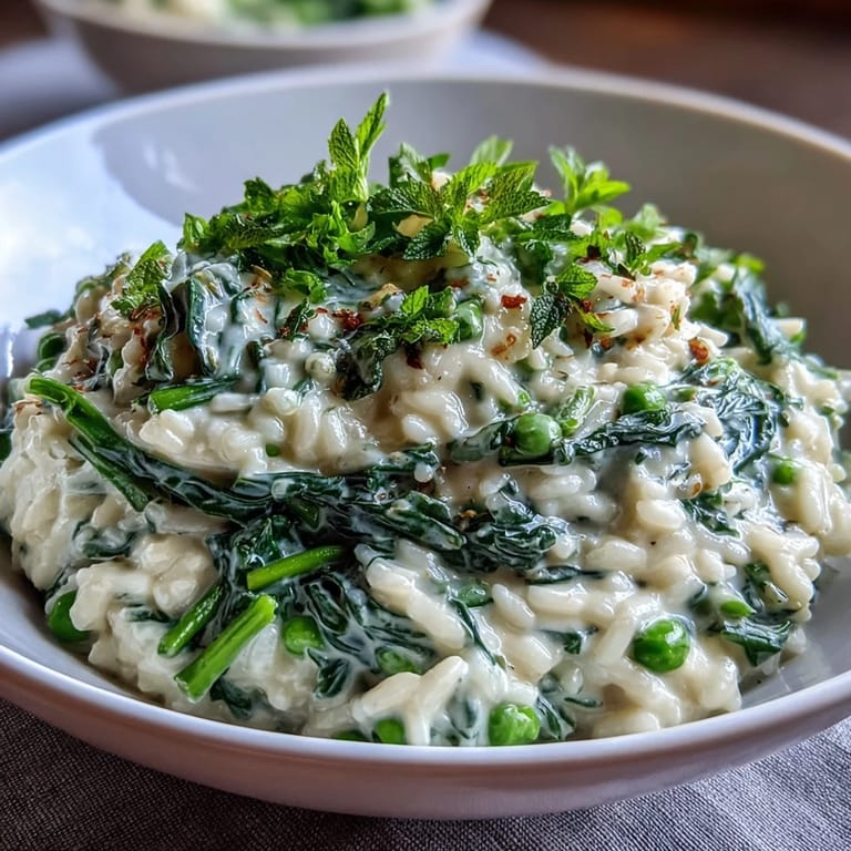 A creamy, Parmesan-topped risotto infused with bright spring peas and fresh mint, perfect for a seasonal dinner party or elegant vegetarian meal.