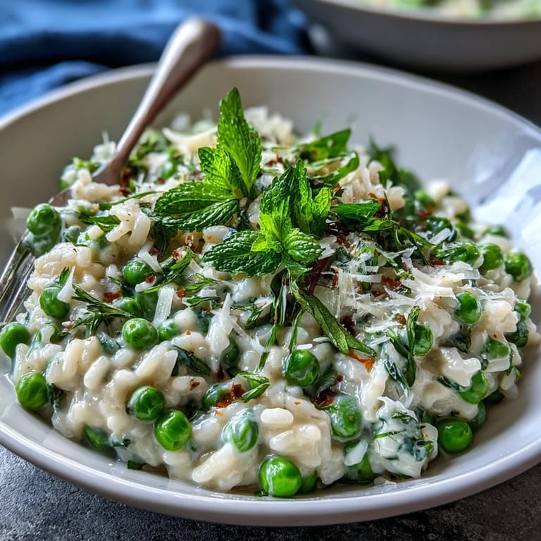 Spring Dinner Party Pea and Mint Risotto with Parmesan, a comforting, vibrant dish of creamy rice, fresh green peas, and aromatic herbs, garnished with zesty lemon and cheese.