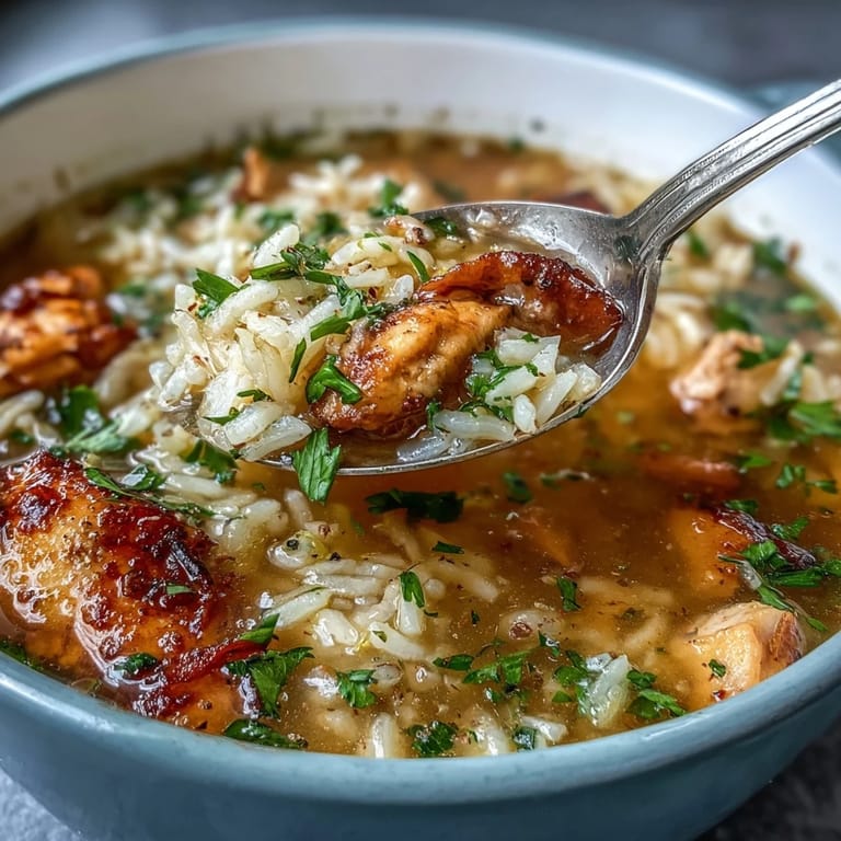 A steaming bowl of Easy Chicken Run One-Pot Chicken and Rice Soup, perfect for a comforting, wholesome meal on chilly evenings.