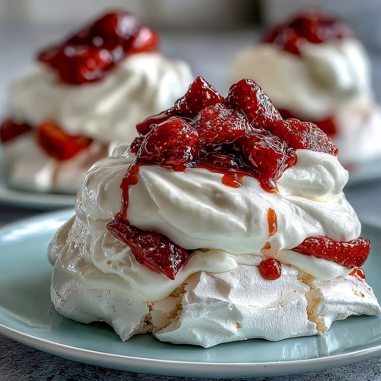 Elegant strawberry pavlova dessert with a light meringue base, fluffy whipped cream, and vibrant red berries.