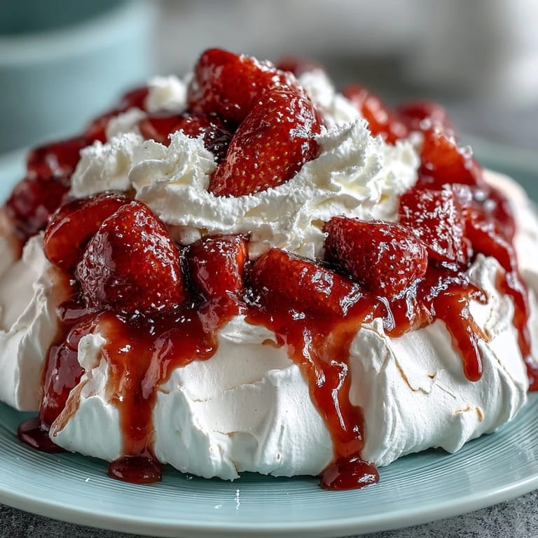Classic Australian strawberry pavlova with sweet meringue, vanilla whipped cream, and ripe strawberries for a perfect finish.