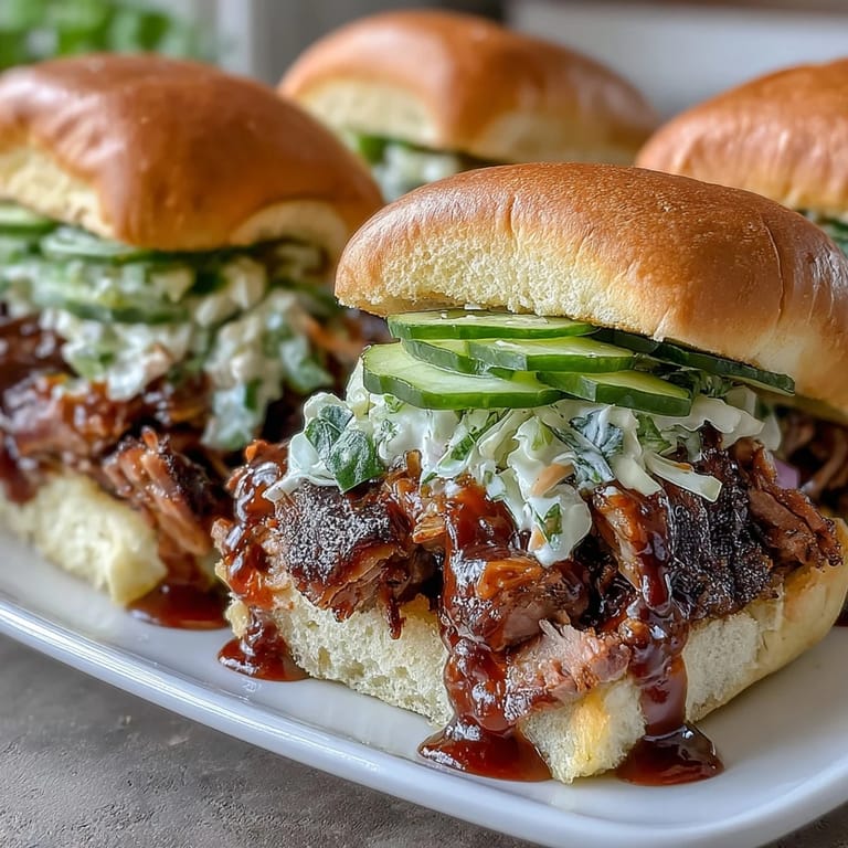 Tender beef brisket sliders topped with zesty coleslaw and BBQ sauce, perfect handheld bites for gatherings.  