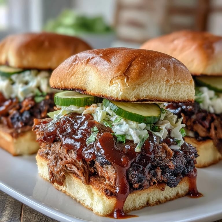 Juicy slow-cooked brisket piled high on slider buns with creamy slaw and smoky BBQ sauce for a festive meal.