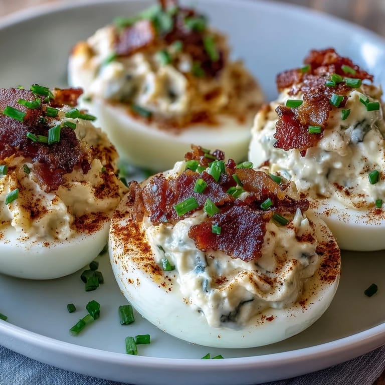 Classic deviled eggs elevated with bacon and ranch dressing, ideal for holiday entertaining.