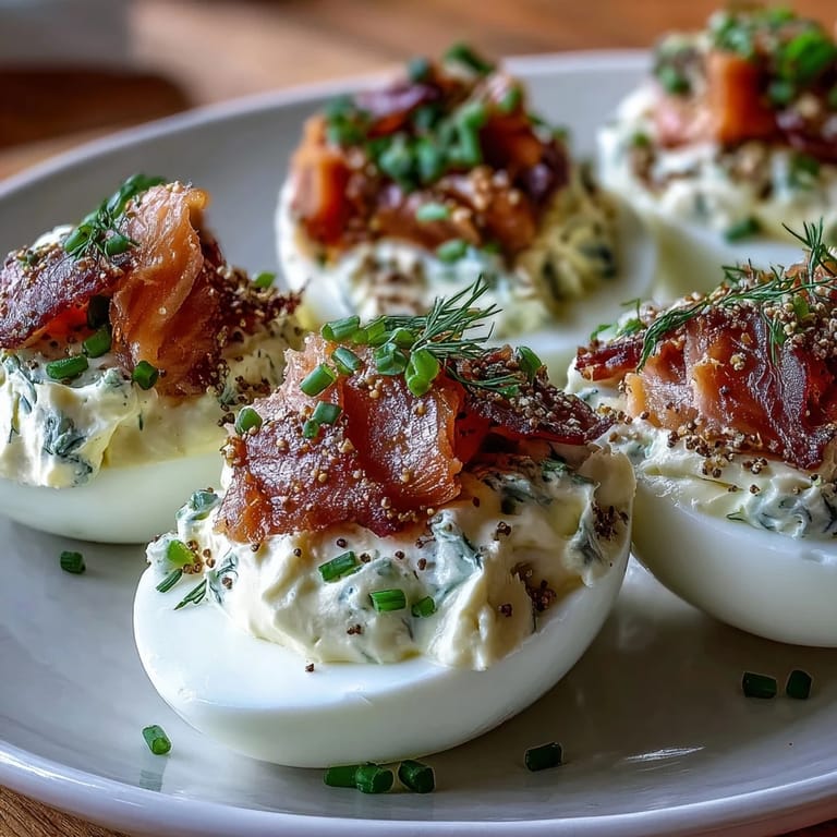 Elegant deviled eggs filled with smoked salmon and finished with everything bagel seasoning for a flavorful appetizer.