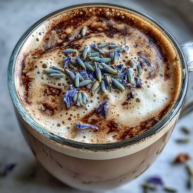 An iced lavender oat milk latte with a rich espresso base, topped with frothy oat milk and a sprinkle of lavender, perfect for a refreshing vegan treat.