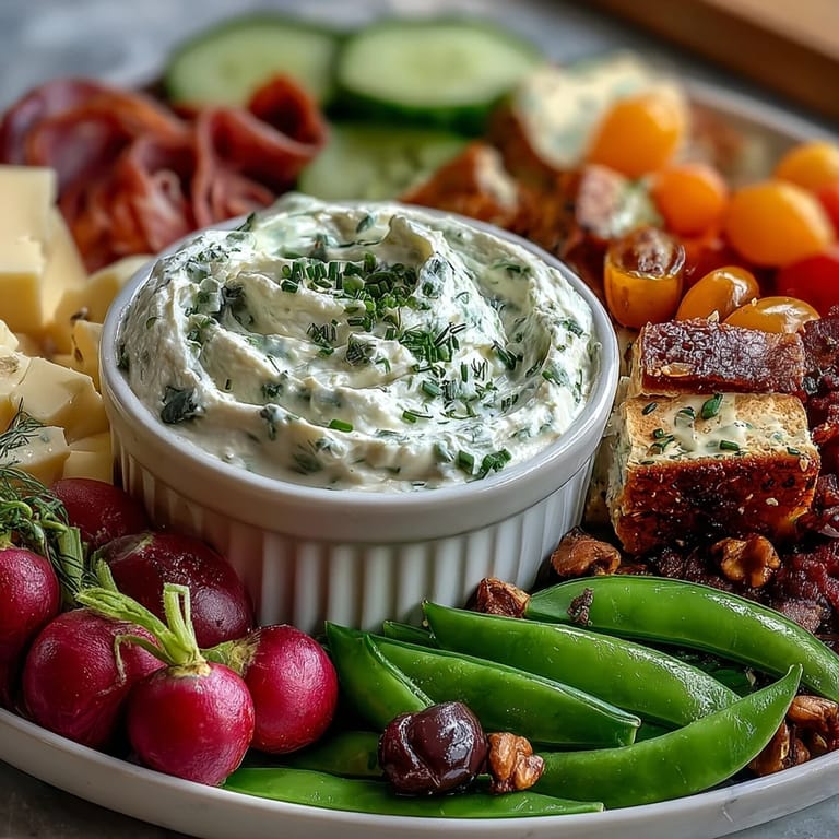Spring charcuterie board with radishes, peas, and herb dip, ideal for light entertaining and sharing.