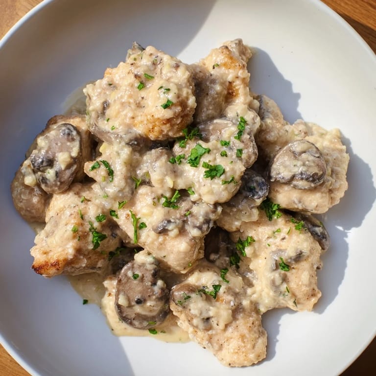 A warm plate of Creamy Chicken Stroganoff, with a creamy sauce and herbs, ready to serve.