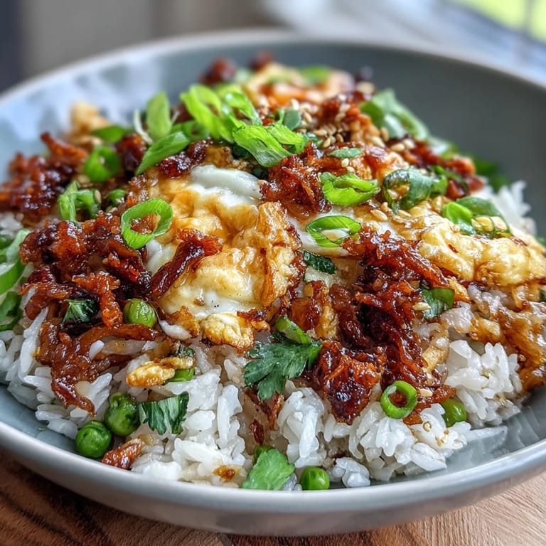 Savory Chili Crisp Egg Fried Rice featuring crispy chili bits, tender peas, and aromatic garlic.