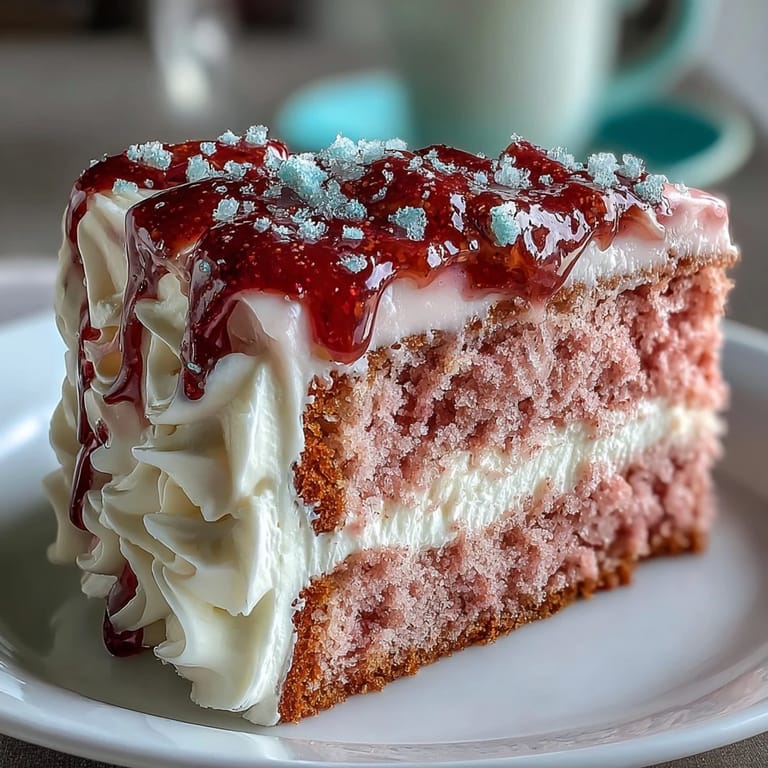 Delicate rosé velvet cake photo, adorned with elegant gold drip and cream cheese frosting.