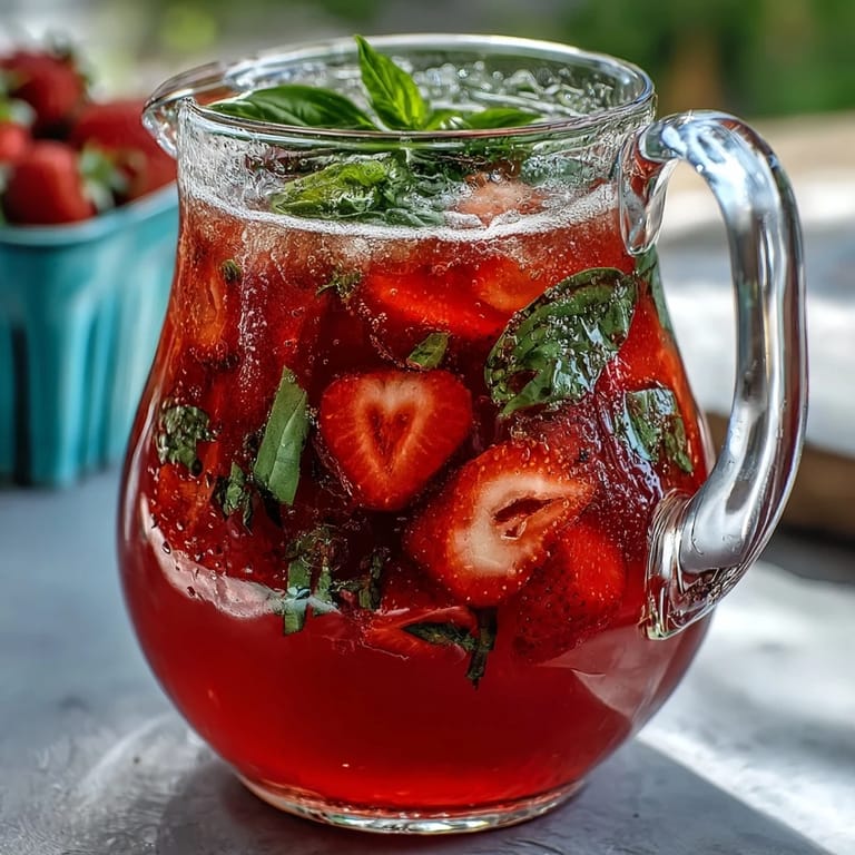 A beautiful Strawberry Basil Lemonade Pitcher, perfect for easy backyard entertaining.