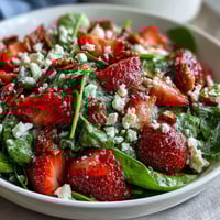 Fresh strawberry spinach salad with poppyseed dressing, bursting with juicy berries, creamy feta, and crunchy almonds.