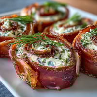 Ham, cream cheese, and pickle pinwheels with dill, arranged on a platter for a savory, tangy appetizer.