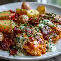Golden-brown chicken breasts nestled among roasted baby potatoes and red peppers, all coated in a glossy Buffalo Ranch Chicken Potato Bake sauce.