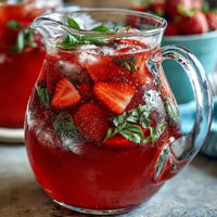 Vibrant Strawberry Basil Lemonade Pitcher ready for festive party servings.